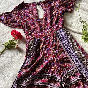 Bohemian Floral Print Hi-Low Romper Dress | Size M | Romper with Skirt
